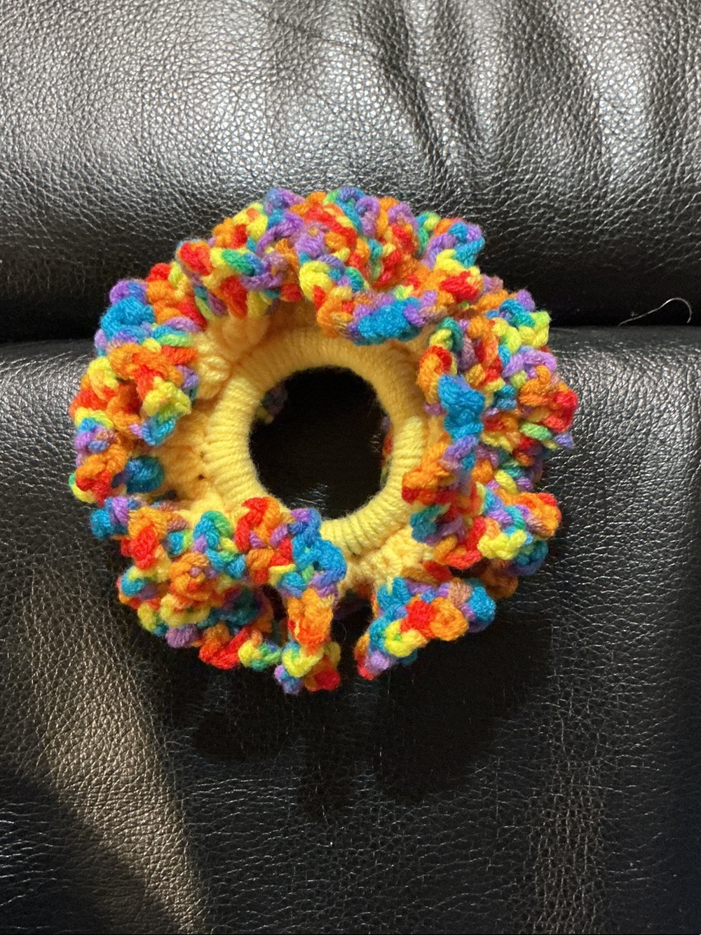 Hand Crafted Rainbow Crochet Scrunchie with Yellow Center